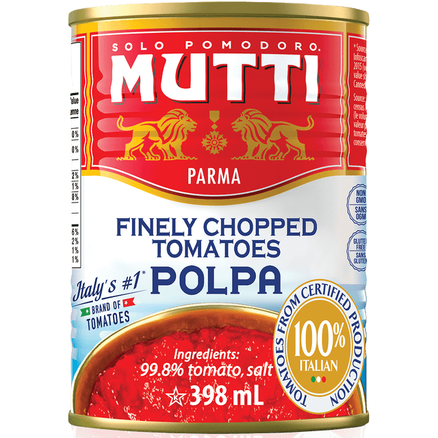 Mutti Finely Chopped Tomatoes 398 mL can with red and white label featuring gold lions and Parma branding, made from 99.8% Italian tomatoes and salt, ideal for Italian recipes, sauces, and long cooking times.