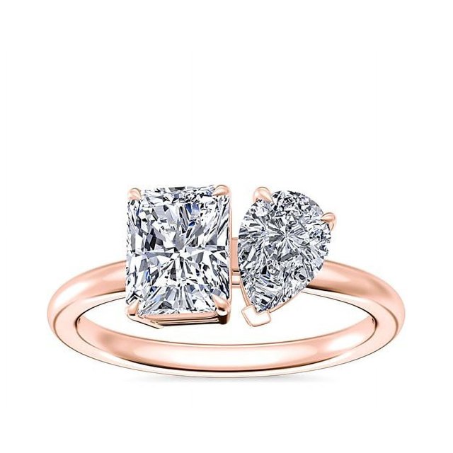 1.00 Carat Excellent Radiant & Pear Cut Real Diamond Latest Design Two Stone Ring for Ladies Solid 14K Rose Gold Size 7.5