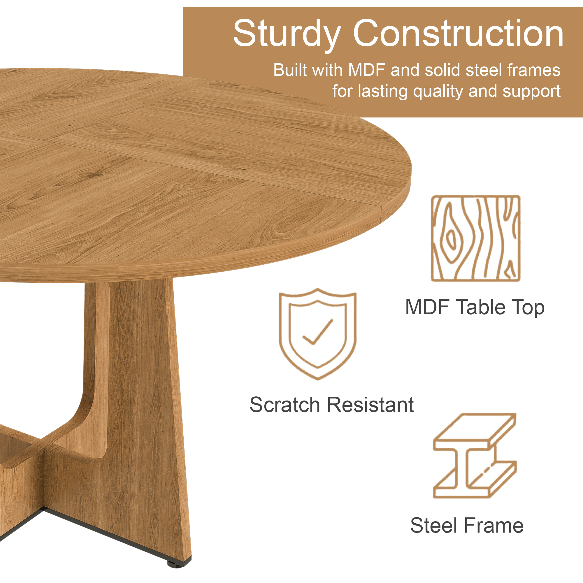 Noble House 47" Round Dining Table for 4,Farmhouse MDF Circle Table with Wood Grain Finish,Oak