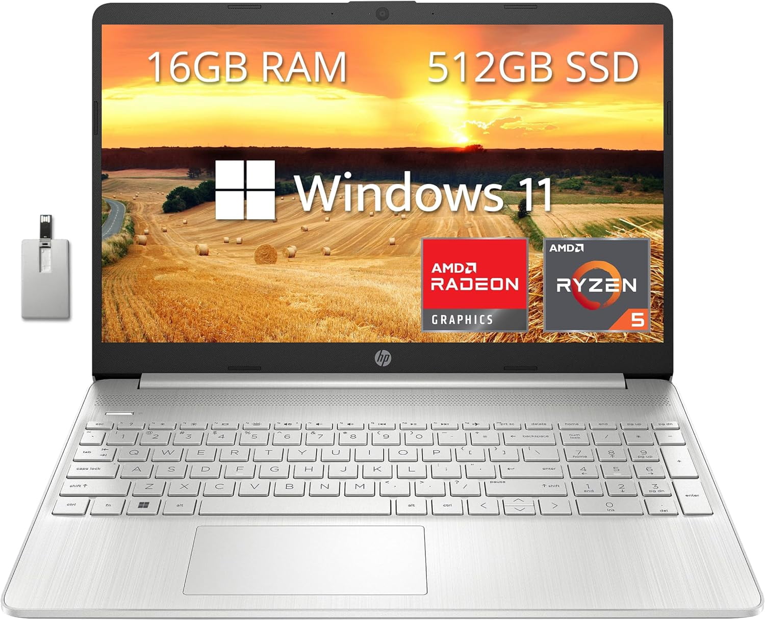 HP Portable 15,6 Po FHD, Processeur AMD Ryzen 5-5500U, 16 Go de RAM, SSD PCIe 512 Go, Graphiques AMD Radeon, Caméra Web HD, Wi-fi, Bluetooth, Win 11, Argent, Carte USB Hotface 32 Go