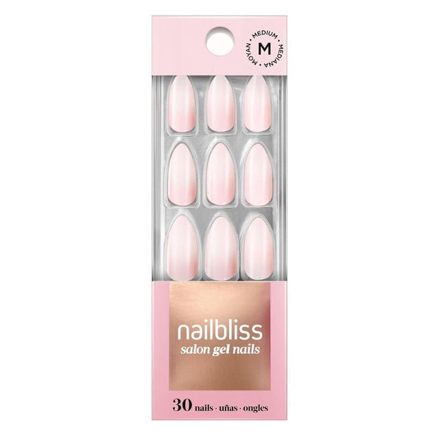DASHING DIVA - GEL NAIL - QUEEN OF NEUTRALS medium false gel nails in soft pink with glossy finish, arranged in three rows of ten inside clear plastic packaging with pink and rose gold accents, designed for easy application, chip resistance, and up to 10 days wear, also suitable as a quick nail art base.