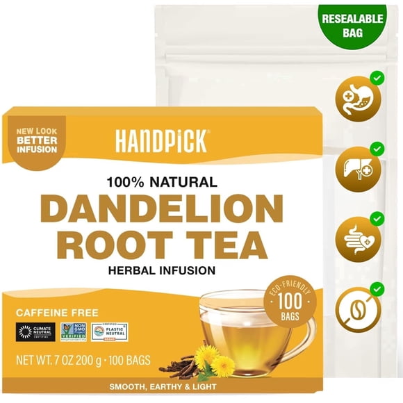 HANDPICK Dandelion Root Herbal Tea Bags, Digestive & Detox Blend, Caffeine Free, 100 Count