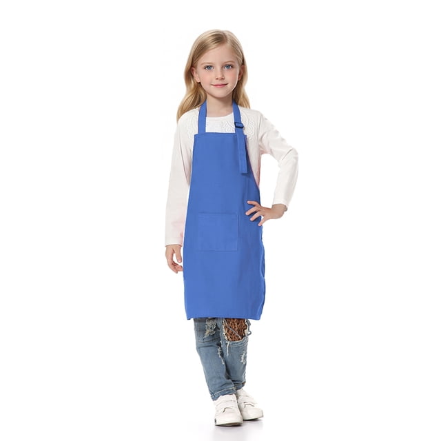 TOPTIE Kids Aprons with Pocket & Adjustable Strap, Child Chef Bib Apron for Kitchen Cooking Baking Painting-Blue-XXL