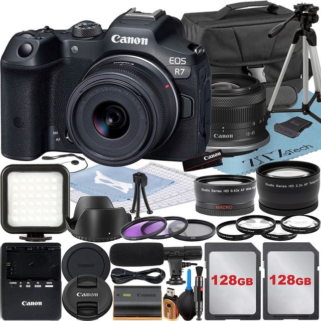 Canon EOS R7 Appareil Photo Sans Miroir avec Objectif RF-S 18-45mm + Lot de 2 Cartes Mémoire 128 Go + Étui + Accessoire ZeeTech
