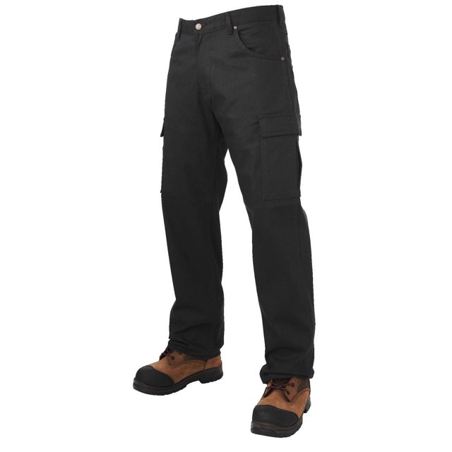 TOUGH DUCK Men's Flex Twill Cargo Pant in black shown from a front 3/4 angle, made with stretch twill fabric featuring reinforced heavy-duty pockets including a flap cargo pocket, triple stitched seams, rivets at stress points, gusset crotch, and seven belt loops, paired with brown work boots, ideal for tradesmen requiring durable and flexible work pants.