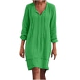 thumbnail image 1 of DPTALR Robe Femme en Coton et Lin à Col en V Ample à Manches Trois Quarts Unie Longueur Genou, 1 of 8