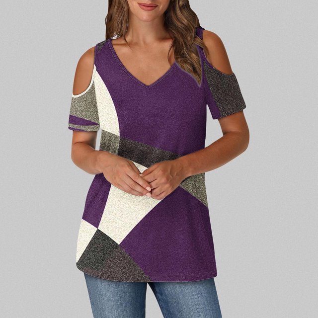 Soki Womens Tops Color Blocked Printed Short Sleeved V-Neck Off Shoulder Fashionable Summer Clothes