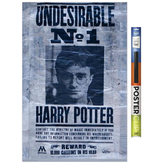 The Wizarding World: Harry Potter - Undesirable Wall Poster, 22.375" x 34", a black and white vintage-style wanted poster with bold 'Undesirable No. 1' text, Harry Potter's name, Ministry of Magic contact instructions, and a 10,000 galleons reward, printed on glossy poster paper with a distressed background, ideal for wall art and home décor.