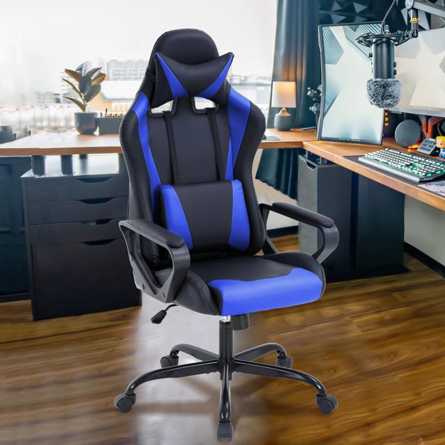 Video Gaming Chair, PU Leather Racing Chair, Ergonomic Office Chairs High Back Gamer Chair Computer Desk Chairs Lumbar Support with Arms Swivel Chair for Adults(Blue)