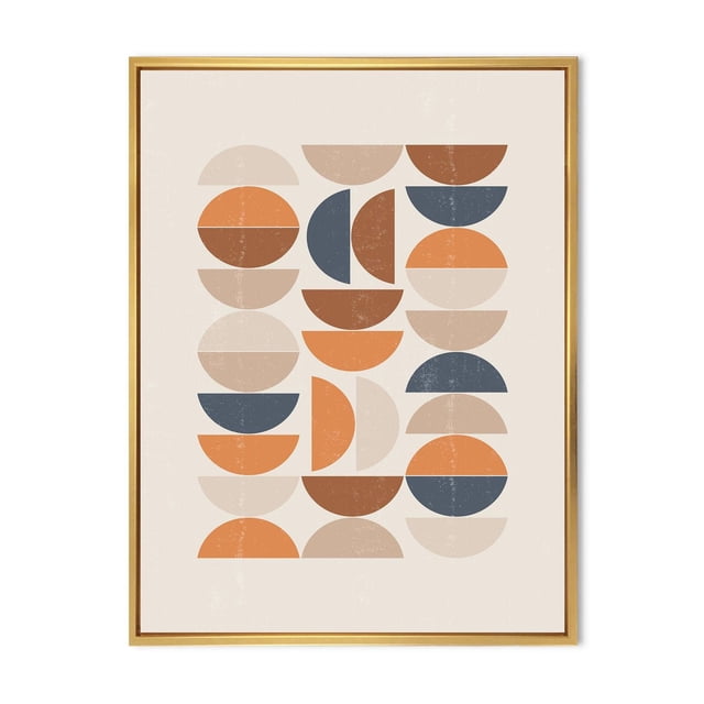 Designart Abstract Sun and Moon S In Blue and Orange FLOAT FRAME WALL ART displaying a front-facing framed canvas with abstract semicircles and circles in blue, orange, brown, and beige on a light beige background, printed on premium cotton canvas with fade-resistant inks, gallery-wrapped over a 1-inch wood floating frame, ready to hang for modern home décor.