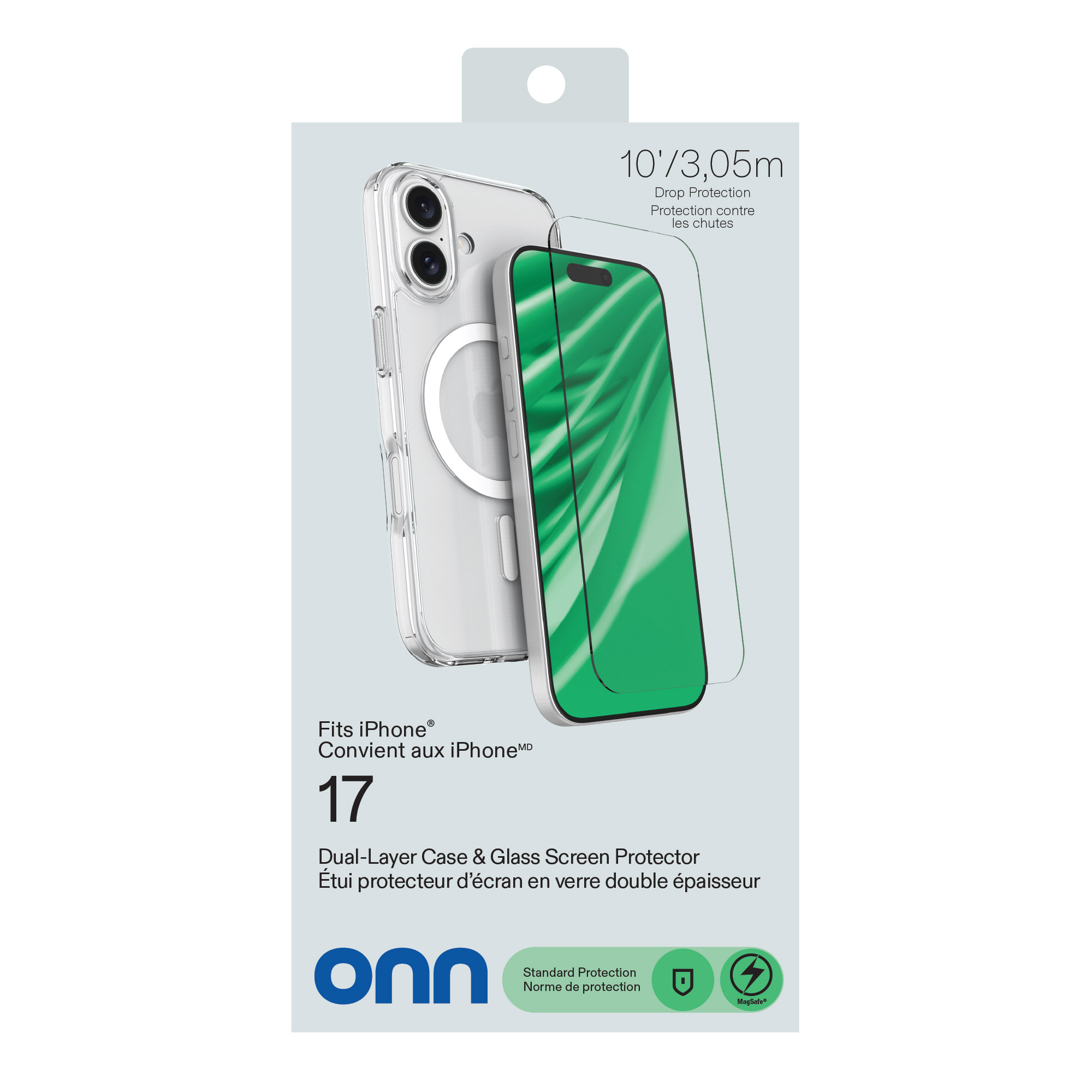 onn MagSafe Compatible Phone Case (Clear) and Glass Screen Protector with Easy Application Tray for iPhone 17
