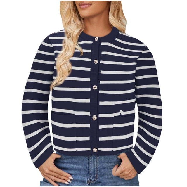 MeetoTime Women's Long Sleeve Striped Cardigan Sweaters Button Down Open Front Long Sleeve Knit Outwear with Pockets
