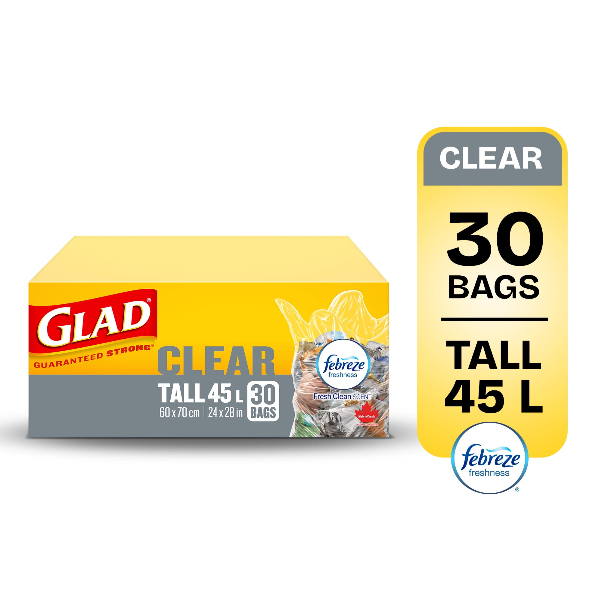 Glad Clear Garbage Bags - Tall 45 Litres - Febreze Fresh Clean Scent, 30 Trash Bags