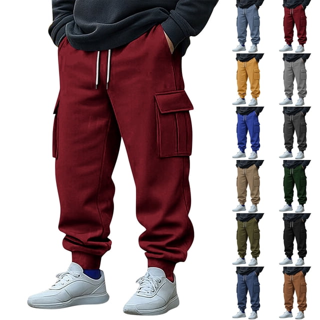 Yuyuzo Mens Cargo Sweatpants Causal Drawstring Workout Joggers Fleece Solid Color Athletic Pants with Pockets