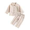 thumbnail image 2 of KYAIGUO Toddler Baby Boys Cotton Linen Button down Shirt Pants Set 2PCS Long Sleeve Solid Color Tops Drawstring Pants Set for 6M-4T, 2 of 9