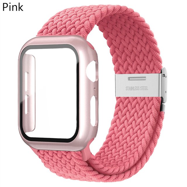 LEIXIUER Nylon Band for Apple Watch Bands with Case 38mm 42mm, Adjustable Braided Solo Loop with Glass Screen Protector Case ,Soft Wristband Stretch Nylon Elastic Strap for iWatch Series 3 2 1