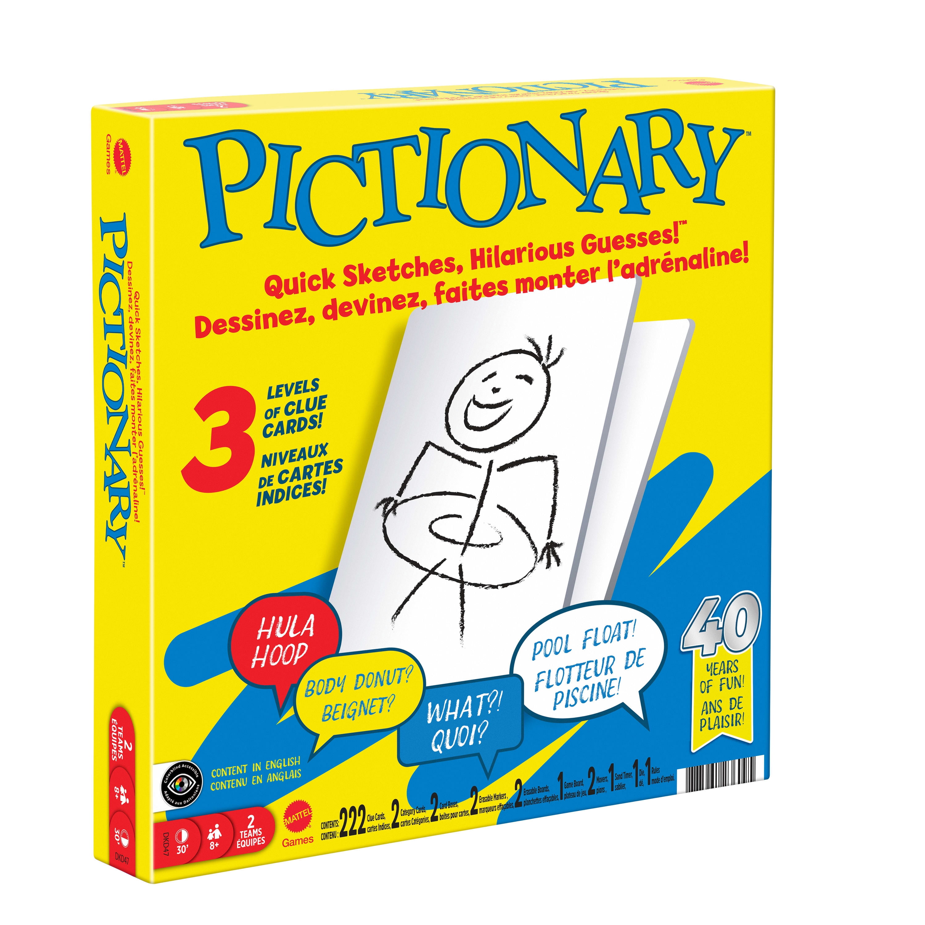 Pictionary Family Board Game for Kids, Adults and Game Night with Erasable Boards and Markers - English Version