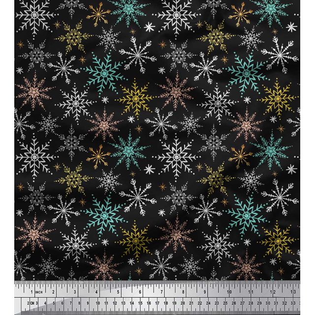 Soimoi Black Modal Satin Fabric Snow Flakes Floral Print Sewing Fabric Yard 42 Inch Wide