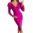 thumbnail image 2 of FcBaudy Robe à Manches Longues Col en V, Robes d'Été pour Femmes, Robes de Mode Féminine Col en V Couleur Unie Robe Longue Manches Longues Robe de Soirée Slim Robe Femme, 2 of 9