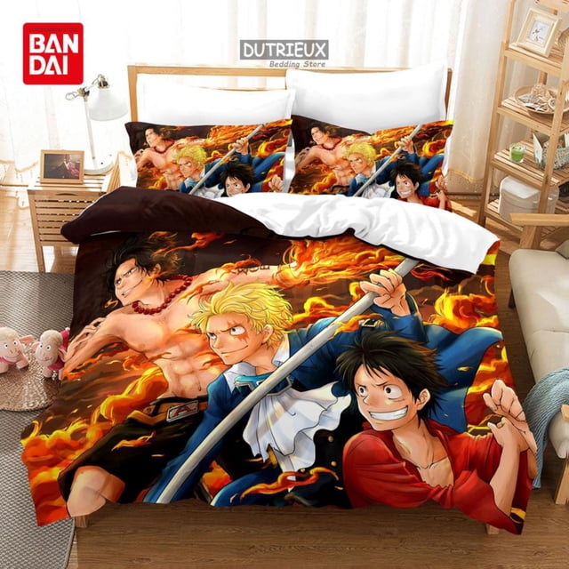 Japanese Anime Cartoon One Piece Bedding Set with Luffy and other characters in a fiery orange and red design. Includes a duvet cover and matching pillowcases, ideal for bedroom decoration. Displayed on a neatly arranged bed in a cozy setting.