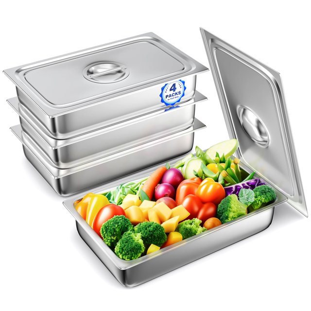 WantJoin Steam Table Hotel Pans with Lid 1/1 Full Size 4 Inch Deep 4 Pack Stainless Steel Metal Tray Sets Food Storage Container Restaurant Chafing Dishes Commercial Buffet Warmer Catering Supplies