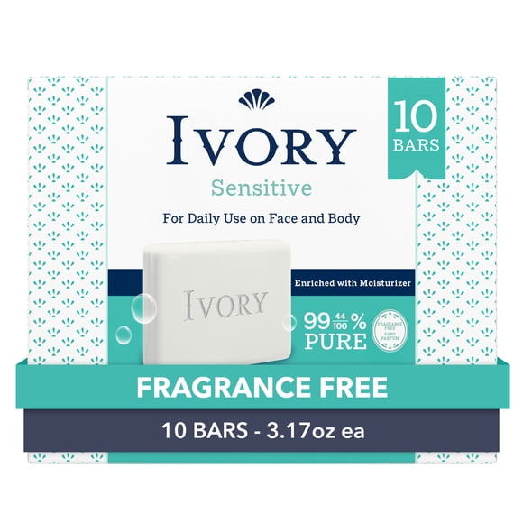 Ivory Sensitive Bar Soap, Fragrance Free, Designed for Whole Family, 99.44% Pure Formula, Plant-Based Cleansers, Made Without Heavy Perfumes, Parabens or Phthalates, 3.17 oz (10 Bars)