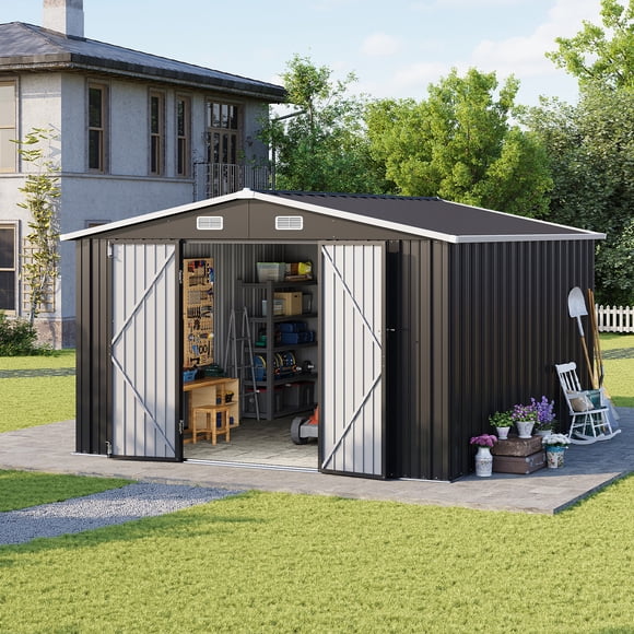 Clouddwell Remise 10 x 12 Pi Remise de Rangement Extérieure avec Grande Porte à Charnières Doubles, Grande Remise en Métal avec Porte Verrouillable et Toit en Pente pour Jardin, Cour Arrière, Patio et Cour Arrière, Noir
