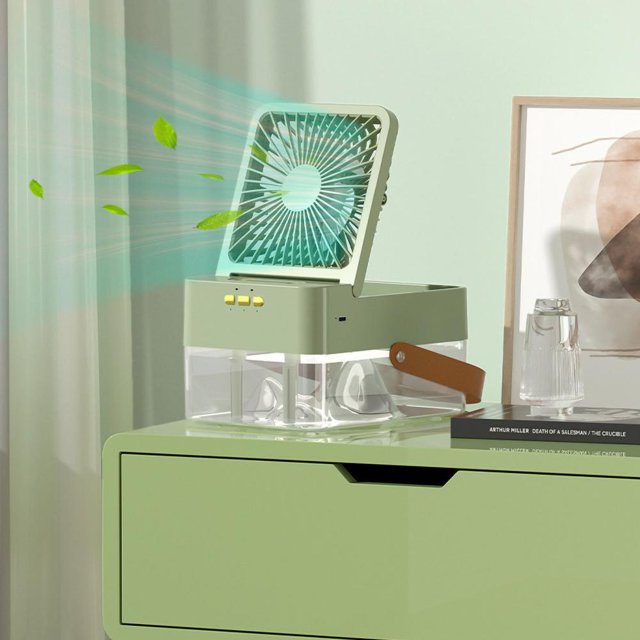 Feltree Humidifying Double Spray Desktop Fan with USB Charging and Remote Control, Portable Folding Air Cooler for Home Office Outdoor Use, 1200Ah Battery, Night Light and Adjustable Misting