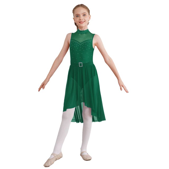 RUNQHUI Robe de Danse Lyrique Ballet Strass pour Filles Patinage Artistique Sans Manches Justaucorps Jazz Latin Danse Moderne Vert 10