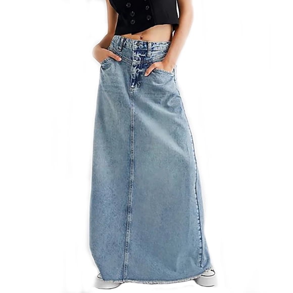 GigrtiJin Women Vintage Denim Maxi Skirt Frayed Raw Hem High Waist A-Line Long Jean Skirts Fashion Skirt with Pockets