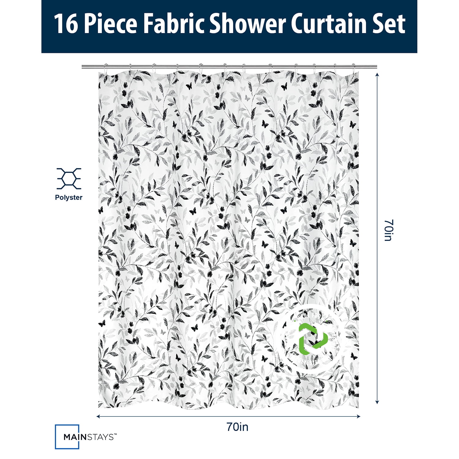 Ensemble de salle de bain Mainstays 16 pièces, rideau de douche en tissu noir à motif botanique à rayures, avec tapis, crochets, distributeur de savon et accessoires