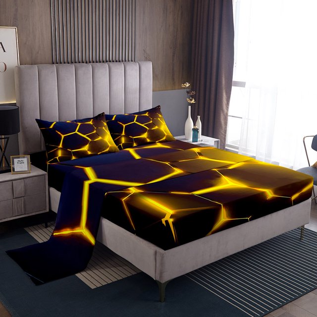 Erosebridal Abstract Ombre Sheet Set Queen, Futuristic Striped Bedding Sets Queen Size, Geometry Honeycomb Decor,