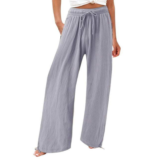 Timegard Womens Pants Plus Size Elastic High Waisted Drawstring Wide Leg Lightweight Casual Loose Trousers
