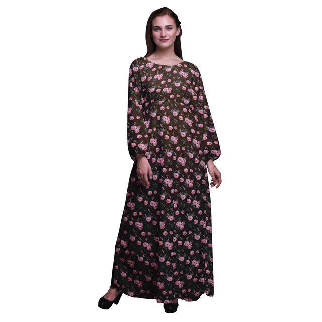 Bimba Moss Georgette Leaves & Ranunculus Floral Printed Womens Long Sleeve MaxiDressElastic Waist Gown-Large