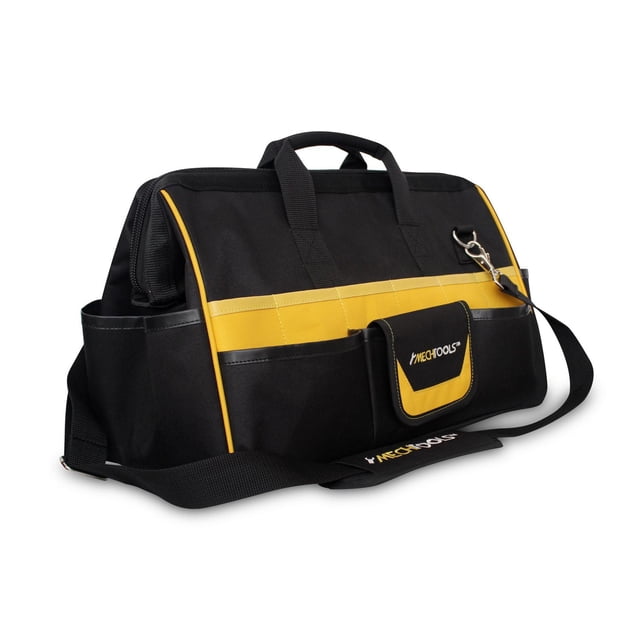 MECHTOOLS 18" contractor's tool bag in black with yellow trim, constructed from durable 600D polyester, featuring 32 pockets including 22 exterior and 10 interior, wide open mouth with double-pull zipper, adjustable padded shoulder strap, and abrasion-resistant waterproof base, suitable for organized tool storage and transport.