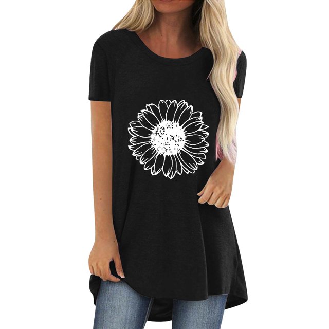 Pxiakgy Vente Chaude!! T-Shirt Graphique Tournesol Mignon à Manches Courtes Imprimé Vintage Mode Décontractée Col Rond Manches Courtes devant Long Dos T-Shirt Noir TG