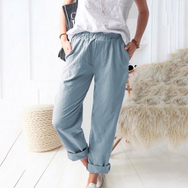 Mikilon Women Casual Solid Color Pockets Elastic Waist Comfortable Straight Pants