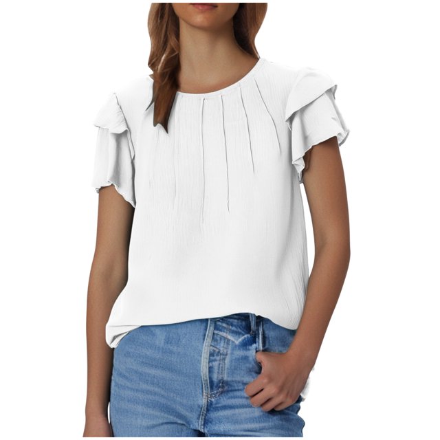 Plebaso Hauts d'Été pour Femmes Manches Courtes à Volants Blouses Décontractées Col Rond Couleur Unie Chemises Amples pour Femmes