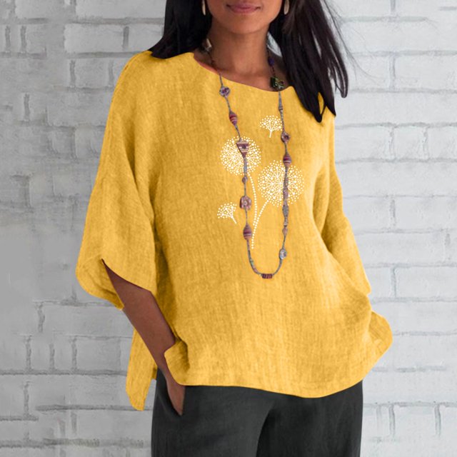 Pxiakgy Chemises pour Femmes Été Manches 3/4 Col Rond Imprimé Floral Haut Ample T-Shirts Tunique en Lin Décontractée Blouse Jaune + TG