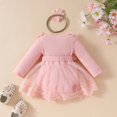 thumbnail image 4 of Besolor Baby Girl Outfit Toddler Ribbed Knit Long Sleeve Mesh Romper Dress with Bow Headband Fall Spring Clothes, 4 of 7