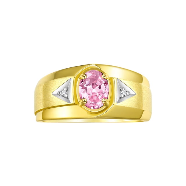 RYLOS Men's Rings 14K Yellow Gold Classic 7X5MM Oval Gemstone & Diamond Ring Pink Ice October Birthstone Rings For Men, Gold Rings Size 12