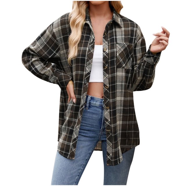 2025 Chemise Ample Décontractée d'Automne pour Femmes à Boutons, Chemise à Carreaux Patchwork à Manches pour Femmes, Hauts Boutonnés