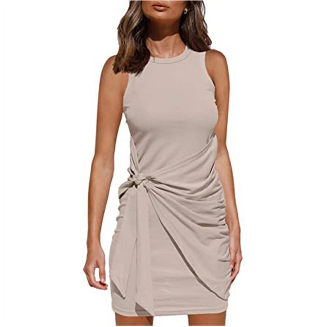 Robe d'Été Sans Manches pour Femmes avec Ceinture Irrégulière Col Rond Aguichant Mini Robe Moulante