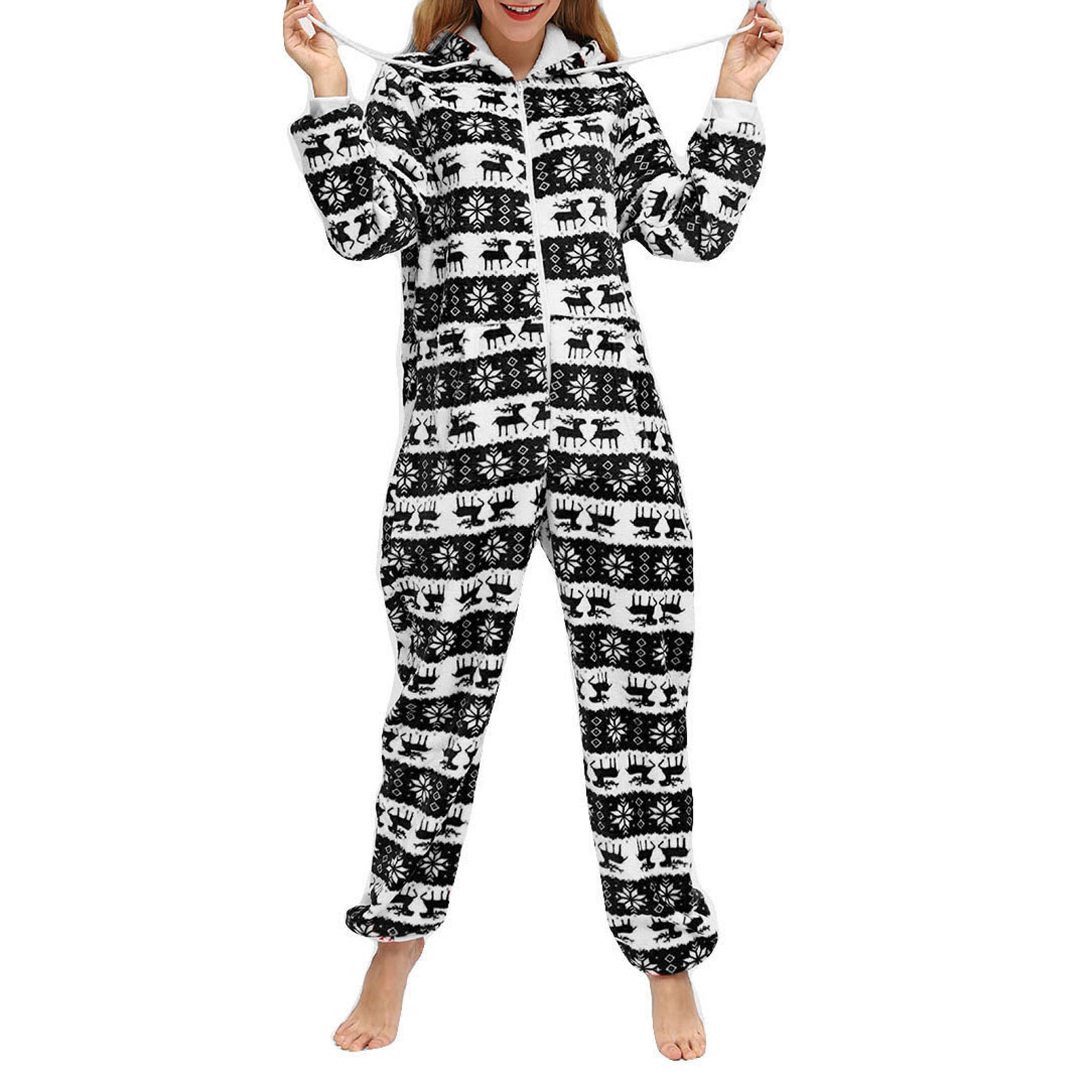 Wangsaura Female Deer/ Snowflake Print Long Sleeve Hooded Jumpsuit with Zipper