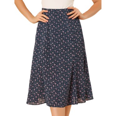 Unique Bargains Jupe Paysanne pour Femme à Taille Élastique, Ligne A, Midi, Imprimé Feuilles, Bleu Marine Rose, TP