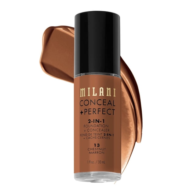 Milani Conceal + Perfect 2-in-1 Foundation + Concealer in shade 13 Chestnut, a 30 ml liquid foundation bottle with black cap, offering medium to full coverage and a natural matte finish, shown with a creamy foundation swatch behind it on white background, ideal for evening skin tone and reducing redness.