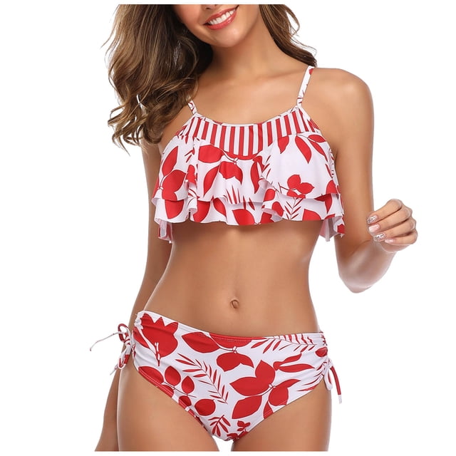 RKSTN Women Two Piece Swimsuits High Waisted Bikini Ruffle Tummy Control Bottoms Halter Bathing Suits