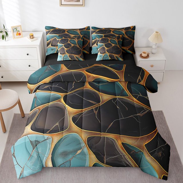 YST Black Marble 7pcs Bedding Set, Watercolor Abstract Comforter & Duvet, King