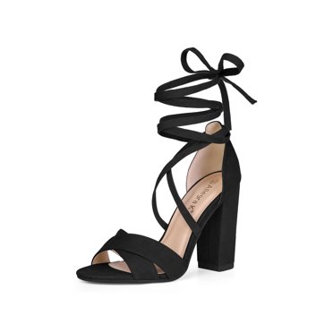 BLISSFUL STEP Women's Sandals Solid Crisscross Block Heels High Heel Lace up Sandals Black 8