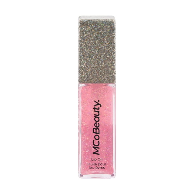 MCoBeauty - Lip Oil Hydrating Treatment front-facing close-up of a clear gloss tube with cap and built-in applicator; clear, high-shine oil visible on the applicator tip and inside the tube, label showing MCoBeauty, set on a neutral white background. Often used as a hydrating treatment, lip primer or overnight treatment for mirror-like shine.